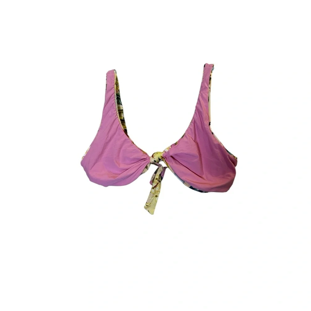 PQ Swim Women’s Pink and Floral Tie Front Reversible Bikini Top sz D